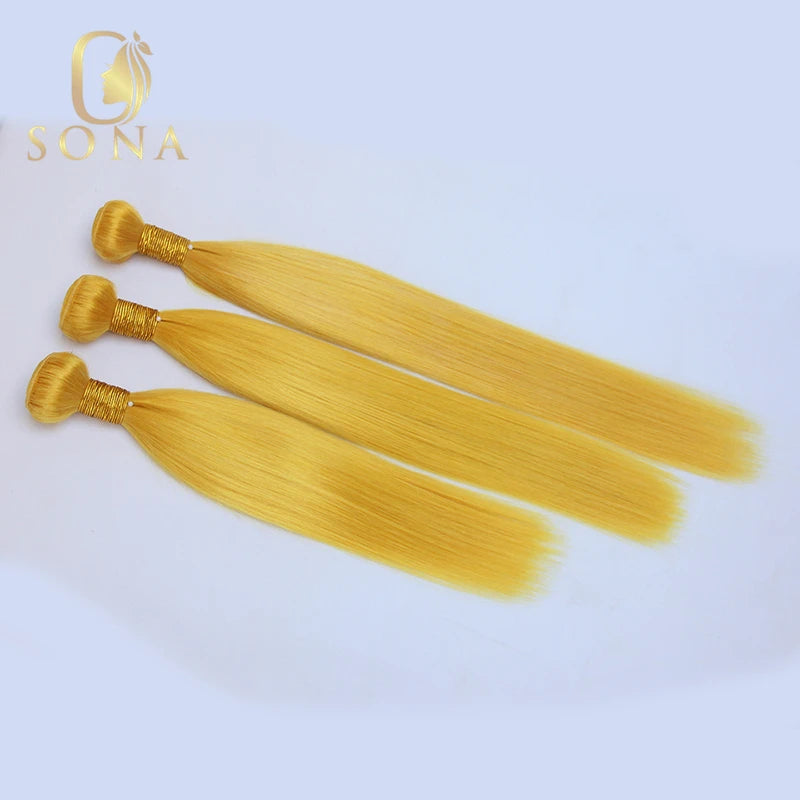 Yellow straight human hair bundles with 4x4 lace closure, sew-in wefts, 100% human hair from HSF Marketplace