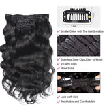 8-24 inch Brazilian body wave human hair clip-in extensions, 8-piece set with 20 clips and 120g hair