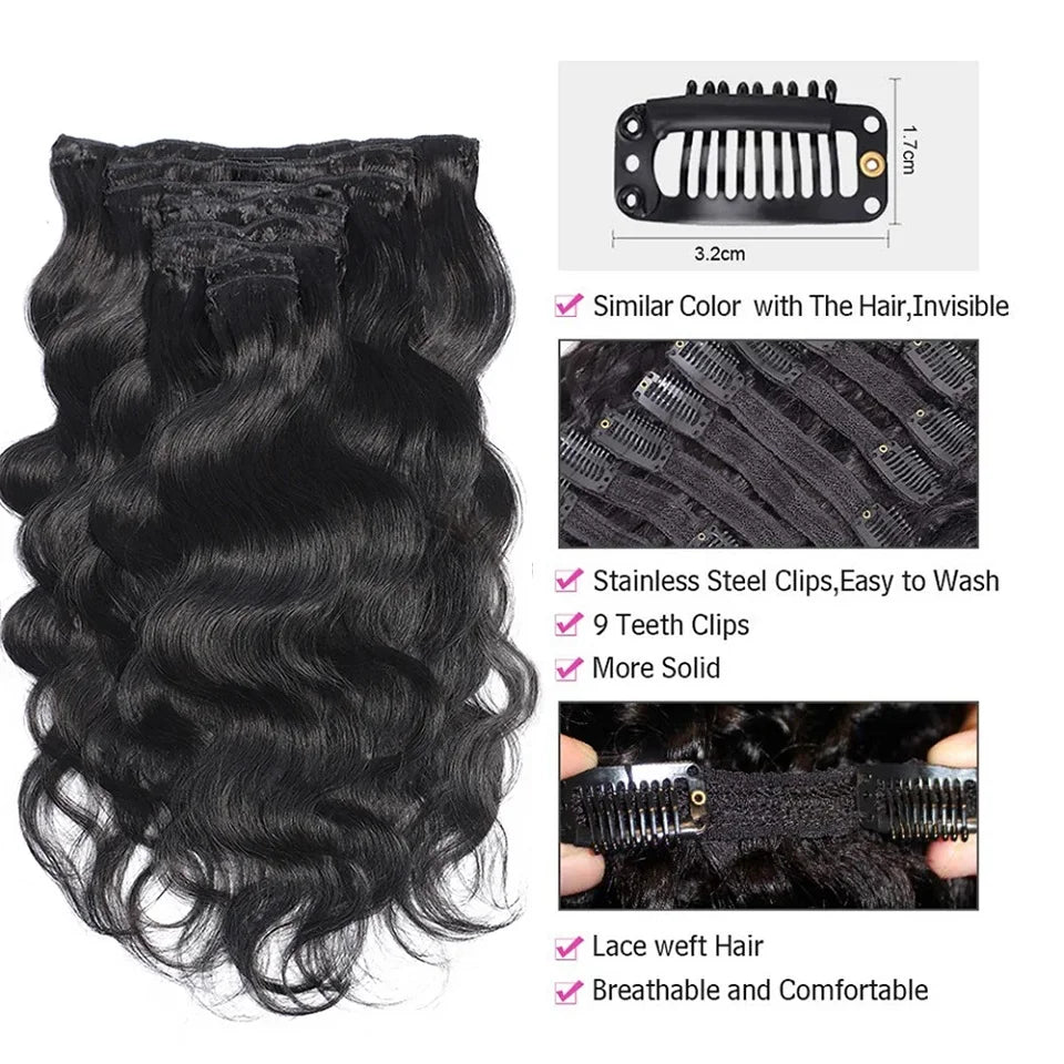 8-24 inch Brazilian body wave human hair clip-in extensions, 8-piece set with 20 clips and 120g hair