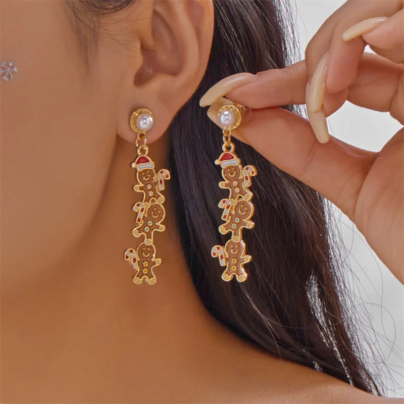 Creative Christmas Grandpa and Grandma Zircon Stud Earrings For Women White Pearl Crystal Snowman Elk Earring New Year Jewelry