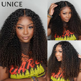 Unice Bye-Bye Slip™ 7x5 lace Burmese curly wig with finger coil ends, chestnut brown ombre, pre-cut, pre-bleached human hair, glueless fit.
