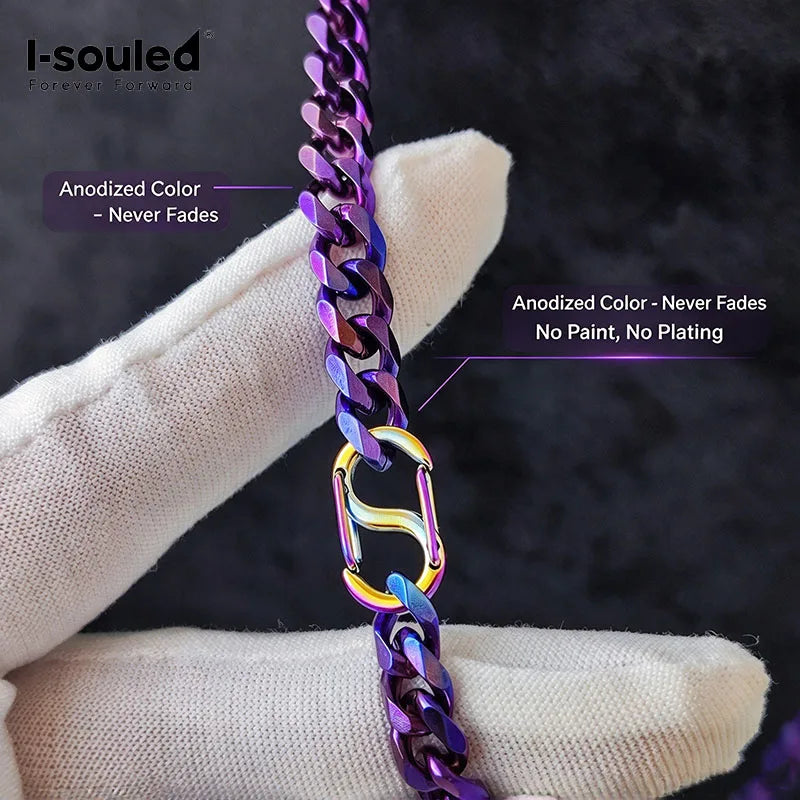 Grade 1 Titanium Chain Necklace 7mm Cuban Link, Hypoallergenic Anodized Purple Blue Necklace for Sensitive Skin