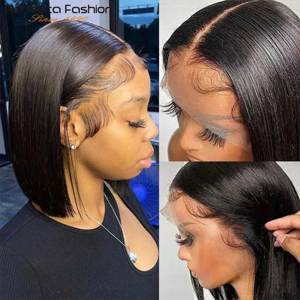 Rebecca Short Bob lace front wig by HSF Marketplace, Brazilian straight human hair with pre-plucked baby hairs and 13x4 lace front.