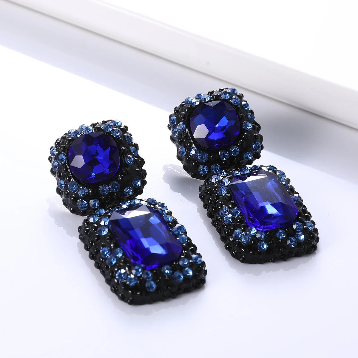 Vintage Costume Jewelry Party Accessories Gunblack Chunky Gray Black Crystal Rhinestone Square Statement Earrings for Women