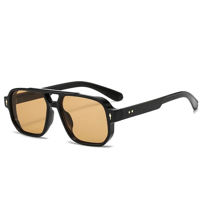 Vintage double bridges men's square sunglasses with clear ocean lenses, rivet accents, UV400 protection, stylish eyewear for women.