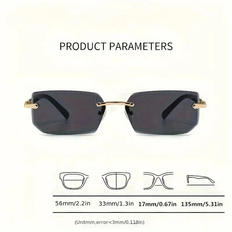 Rimless rectangle sunglasses by HSF Marketplace, small square fashion shades for women and men, summer travel eyewear.