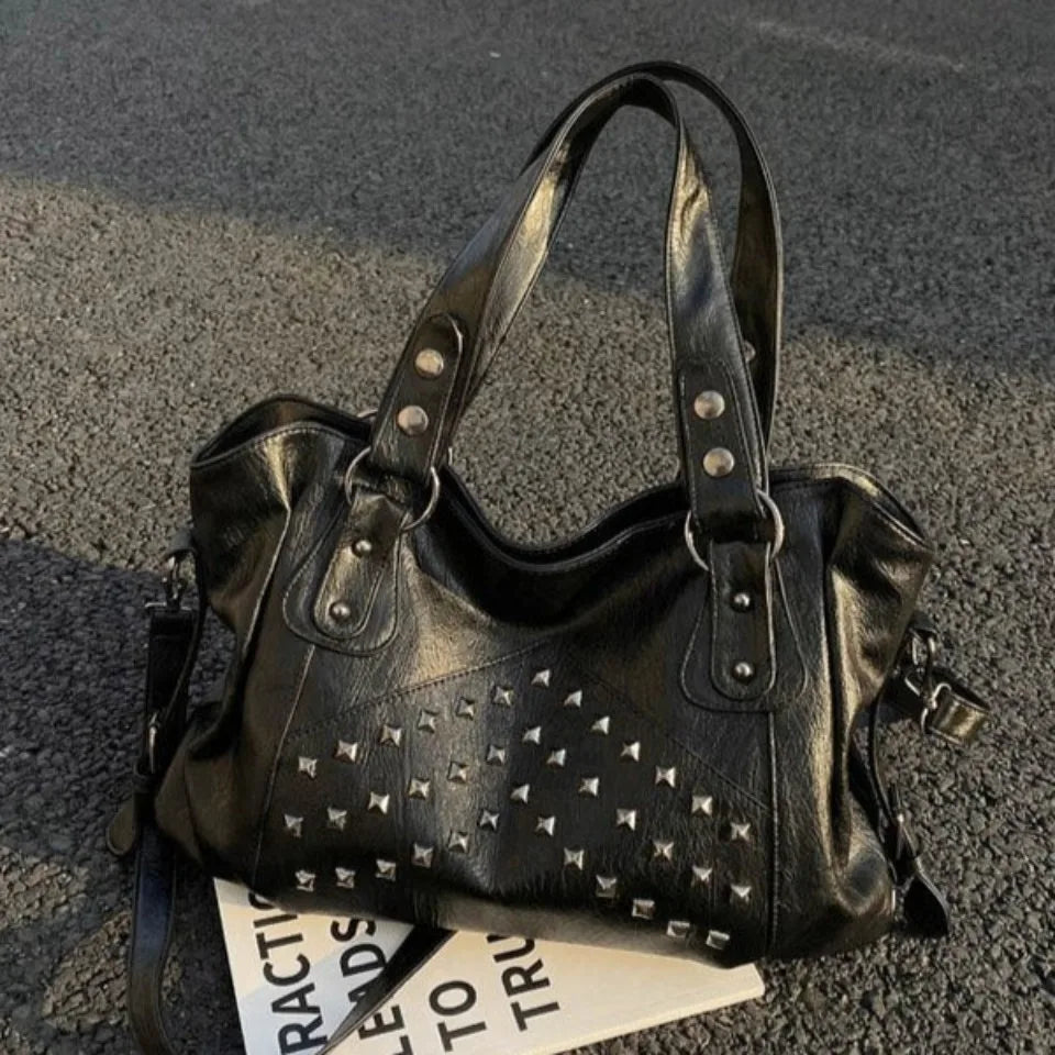 Large capacity rivet punk handbag for women by HSF Marketplace, stylish versatile purse with edgy metal details