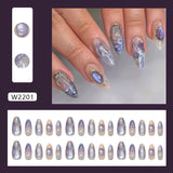 24-piece Y2K star press-on false nails with gradient blue French tips and gold moon designs in a sweet almond shape