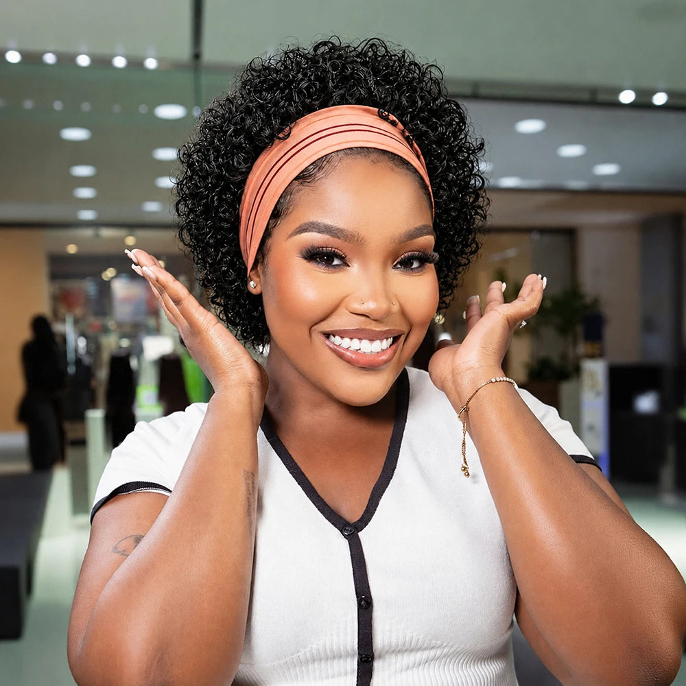 Short curly pixie cut human hair wig with water wave texture and machine-made cap for women.