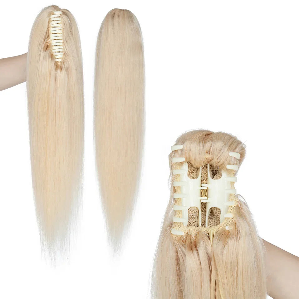 S-noilite ponytail human hair claw clip extension in natural black, blonde, and brown shades
