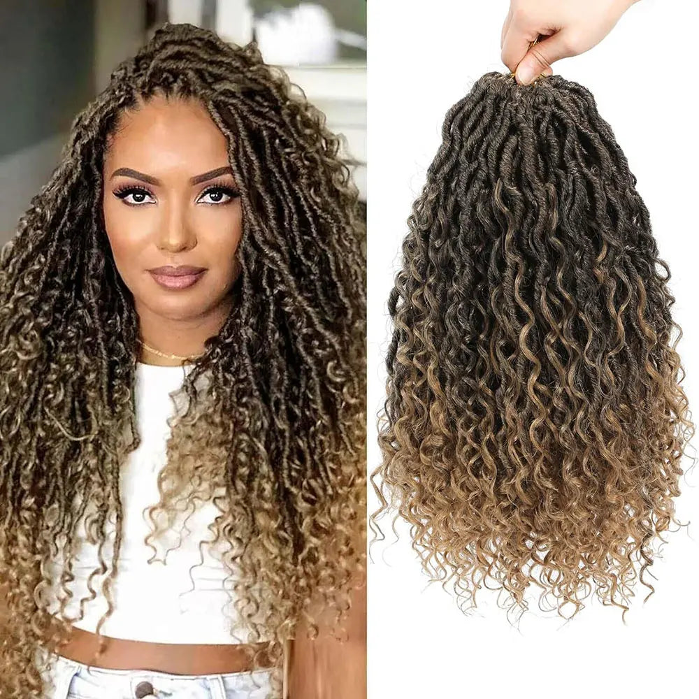 14-inch faux locs crochet hair with curly ends, synthetic goddess locs for black women, pre-looped boho crochet braiding hair.
