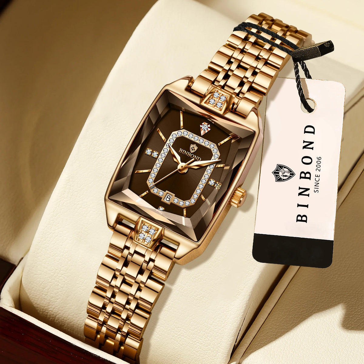 BINBOND Zircon Luxury Reloj Original Waterproof Sturdy Auto Date Women's Watches Ladies Wristwatch Quartz Watch For Women