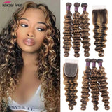 Ishow Highlight Loose Deep Wave Bundles With Closure 4x4 Lace Closure With Bundles 100% Remy Human Hair Extensions For Women
