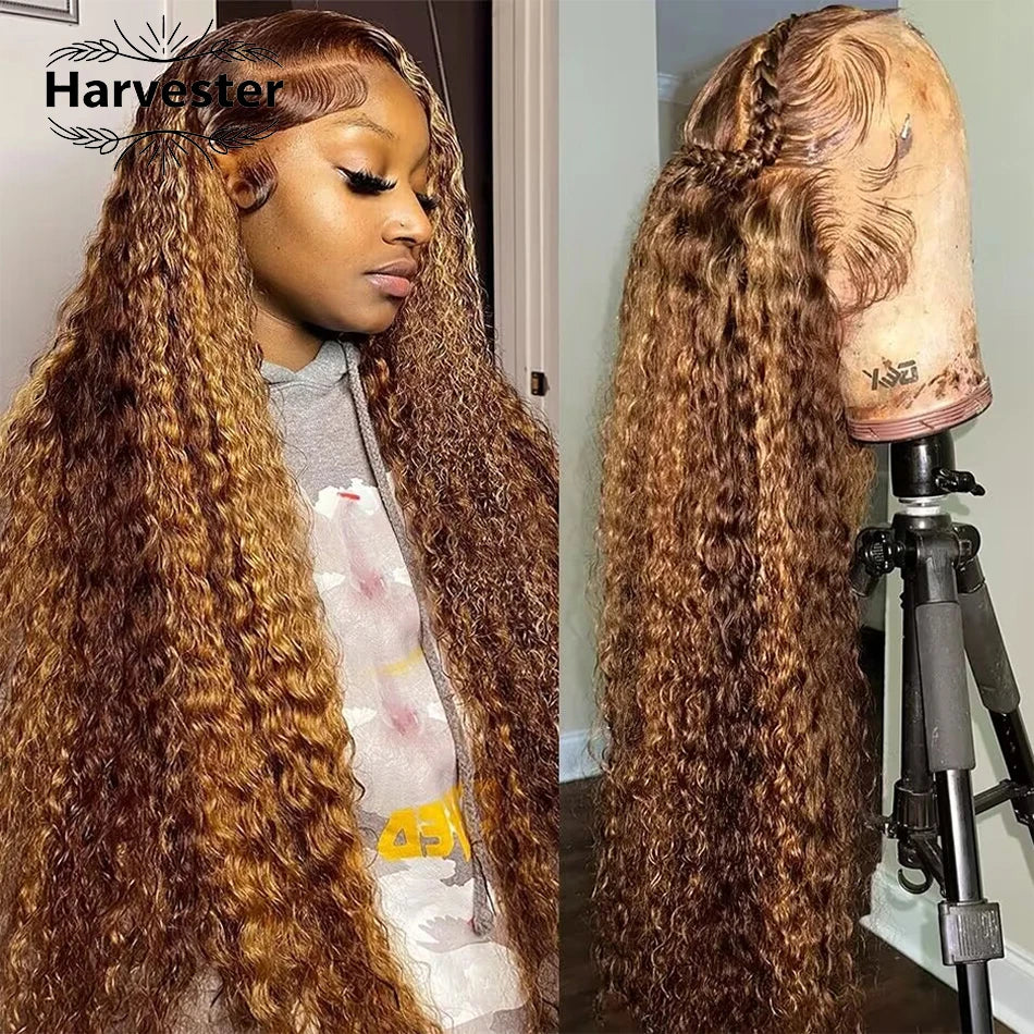 30 Inch Highlight Honey Brown Curly Human Hair Wig 13x6 Lace Front Ombre Colored Deep Wave Lace Frontal Wig for Women