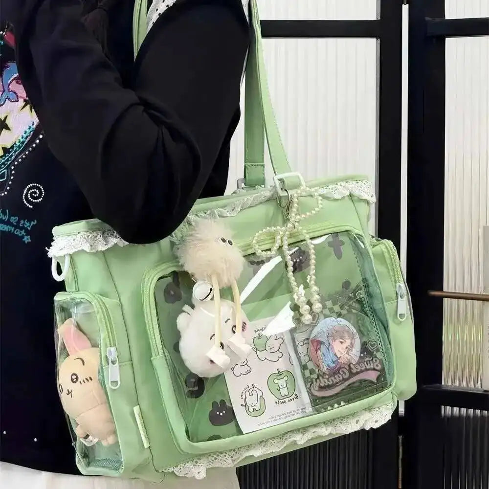 Large capacity transparent Japanese Ita bag with cute Y2K Lolita style, casual shoulder tote by HSF Marketplace, ideal for DIY display.