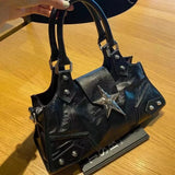 Y2K Korean Gothic black star girl handbag with vintage fairy grunge and punk style, shoulder tote bag for women.
