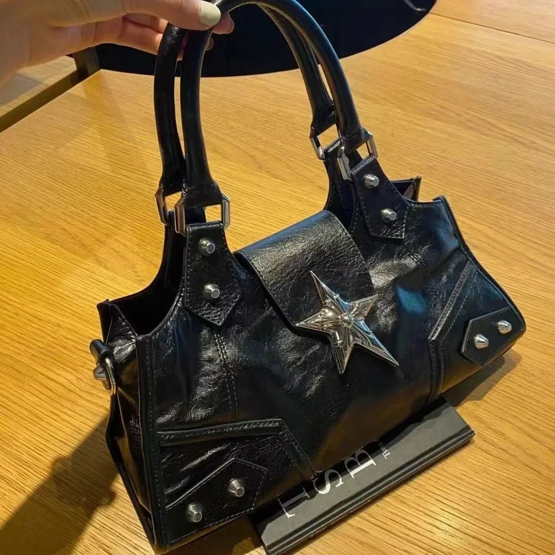 Y2K Korean Gothic black star girl handbag with vintage fairy grunge and punk style, shoulder tote bag for women.