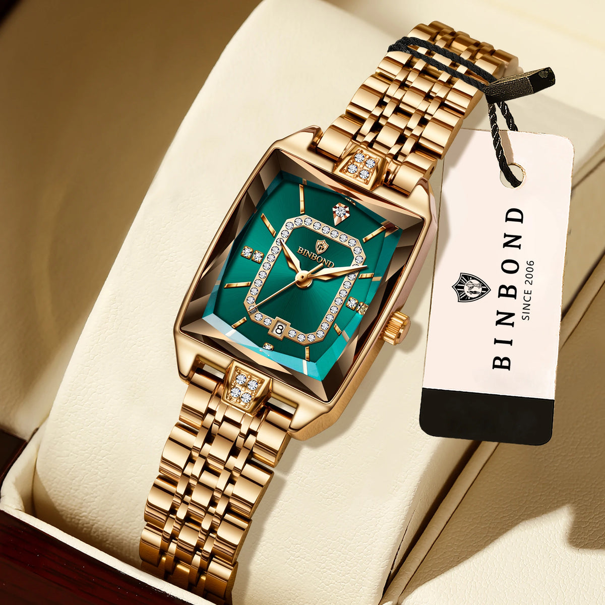 BINBOND Zircon Luxury Reloj Original Waterproof Sturdy Auto Date Women's Watches Ladies Wristwatch Quartz Watch For Women