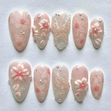 24-piece pink flower almond press-on false nails, kawaii wearable stick-on nail tips by HSF Marketplace