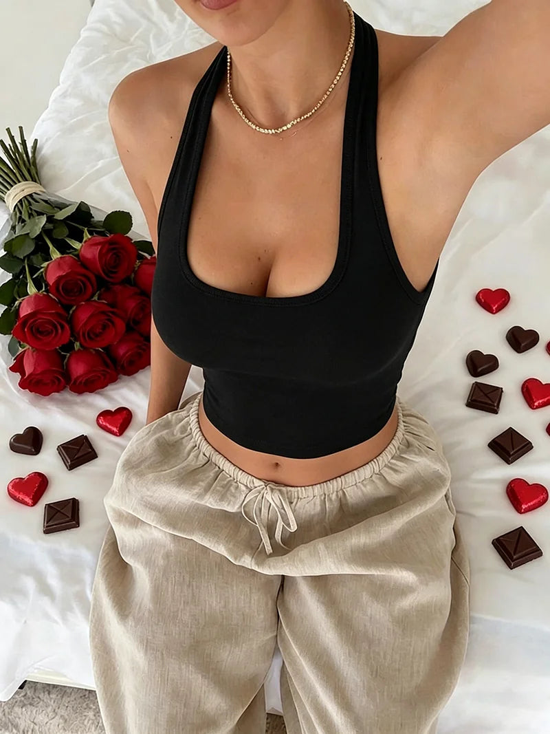 Women's sleeveless backless vest top in solid color, casual and elegant design by HSF Marketplace, ideal for summer wear.