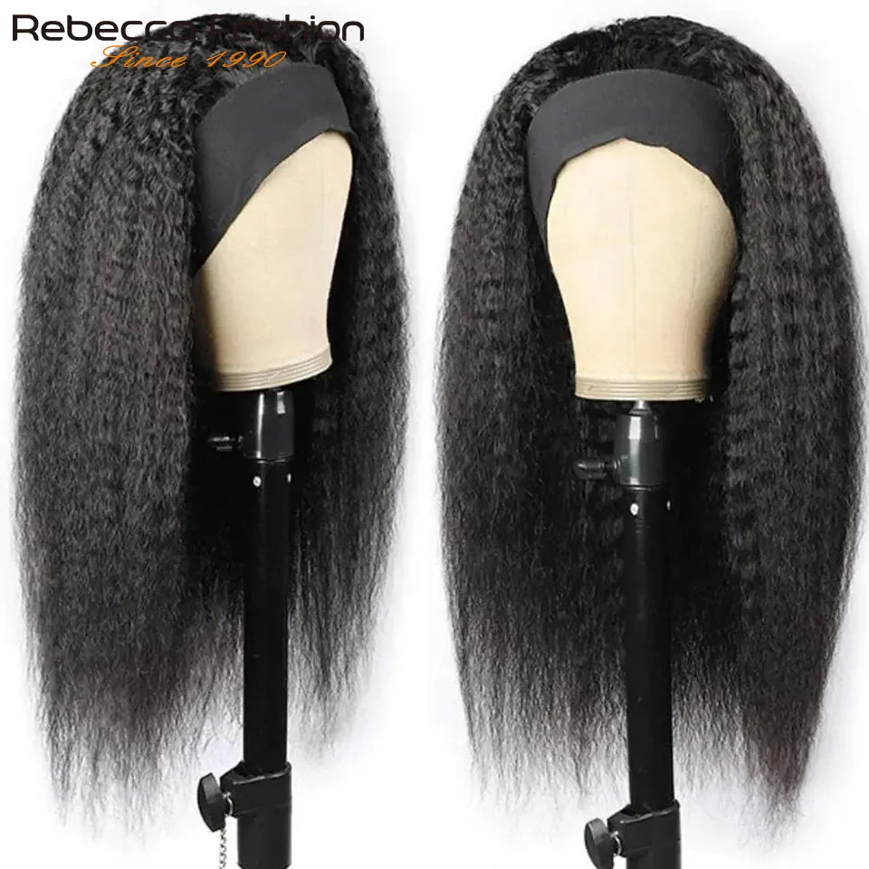 Kinky straight 22-inch human hair headband wig by HSF Marketplace, shown in a natural textured style