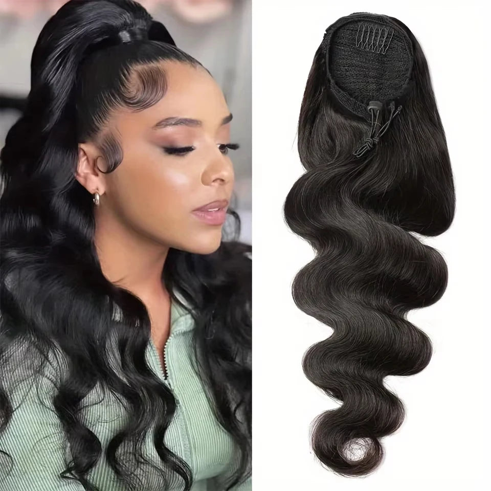 Body wave Brazilian Remy human hair drawstring clip-in ponytail in natural color for women