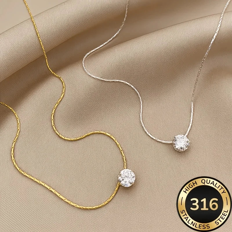 Waterproof hypoallergenic 316L stainless steel solitaire cubic zirconia necklace for women, featuring a sleek chain design.