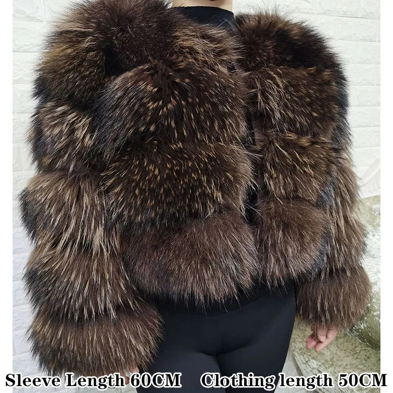 Women's luxury thick real raccoon fur coat by HSF Marketplace in plus sizes