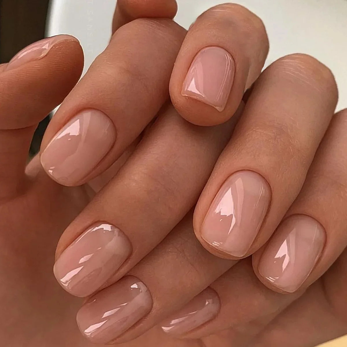 24-piece oval short pink ombre press-on false nails with simple spring nail art by HSF Marketplace
