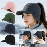 HSF Marketplace women's winter baseball cap with ear flaps, fleece lining, and ponytail opening for outdoor sports