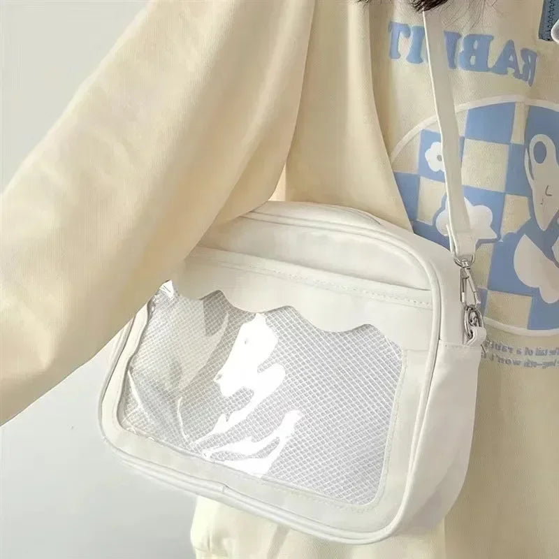Japanese Harajuku Ita Bag for women, transparent PU with pockets, high school girls uniform style, crossbody shoulder handbag by HSF Marketplace