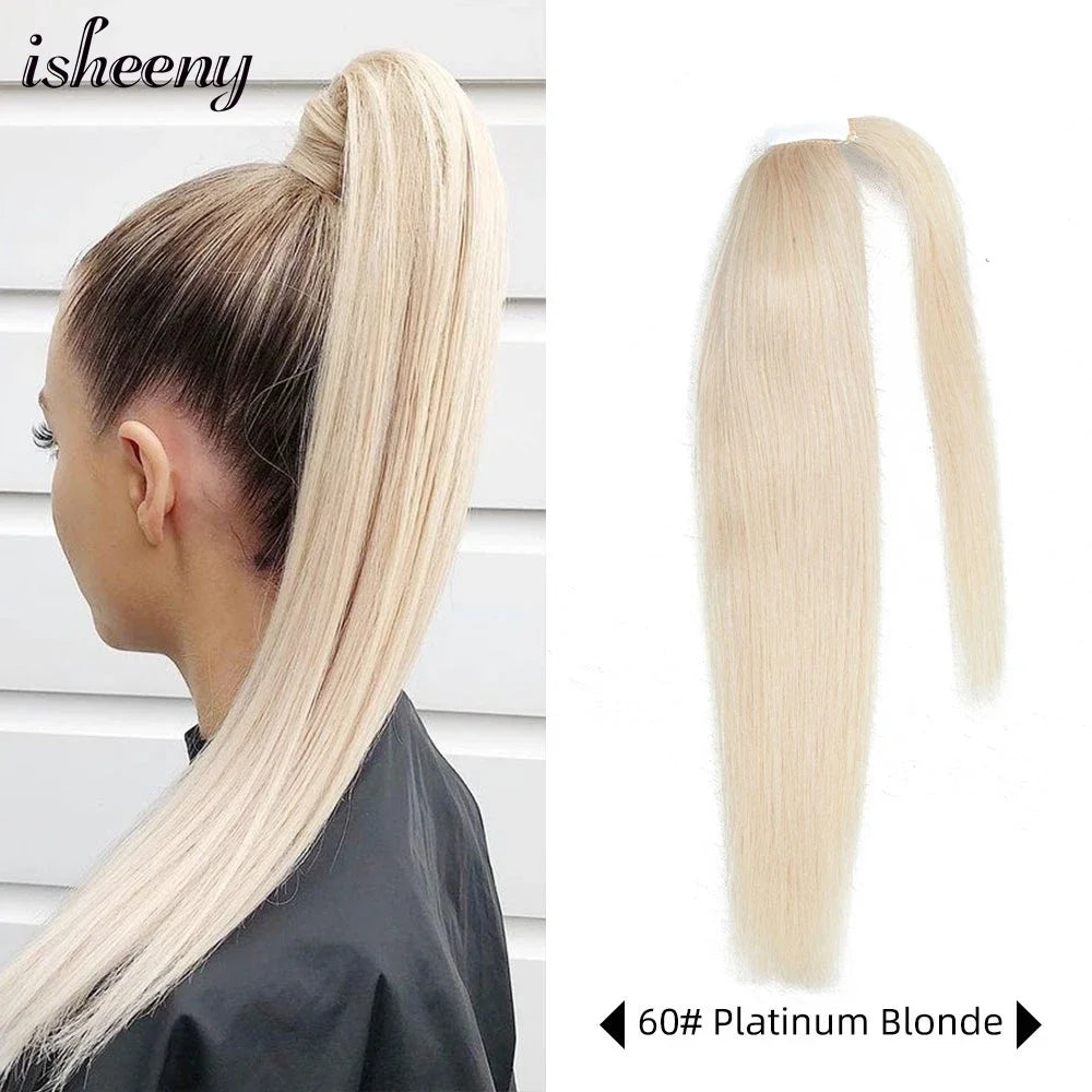 Isheeny straight human hair ponytail extension, 14–24 inch Brazilian Remy wrap clip-in in natural black