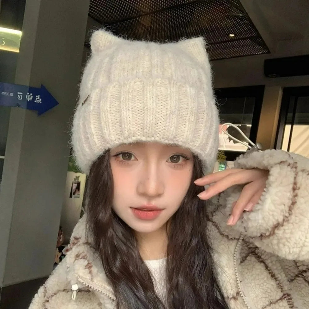 Women's cat ear knitted beanie, warm wool winter hat in Korean style by HSF Marketplace