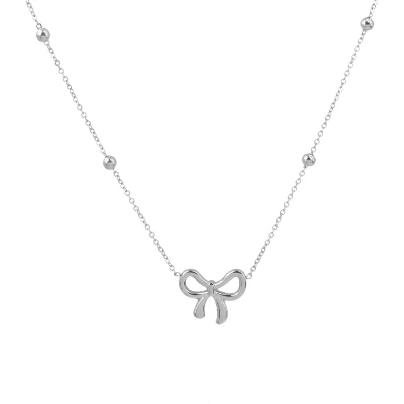 316L Stainless Steel Bowknot Pendant Necklace for Women Trendy Beads Choker Chain Necklace Party Jewelry Accessories