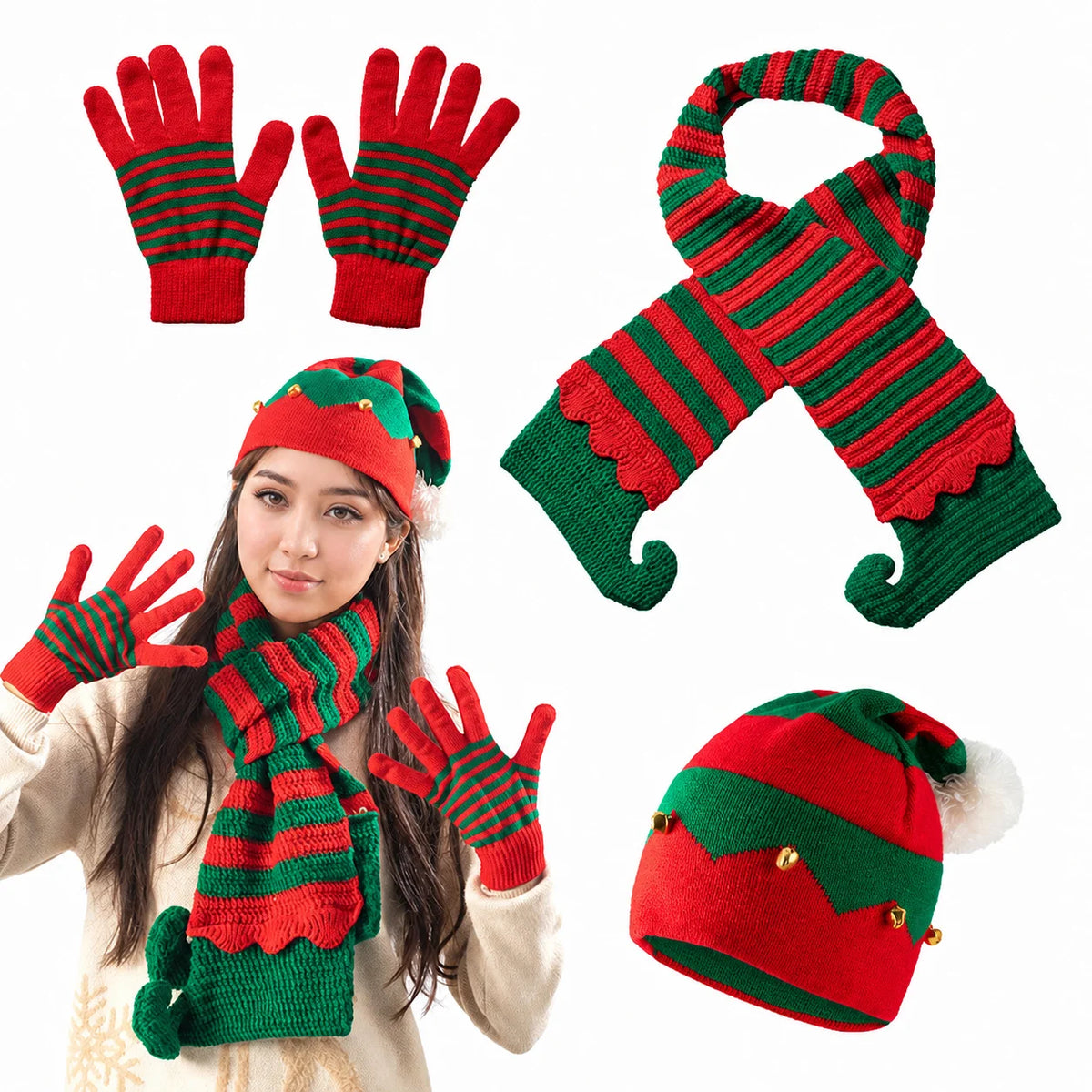 Christmas-themed knitted winter hat, scarf and gloves set by HSF Marketplace