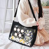 Black Big Ita Bag with clear insert, double straps, and kawaii Japanese style, transparent shoulder purse for women and girls.