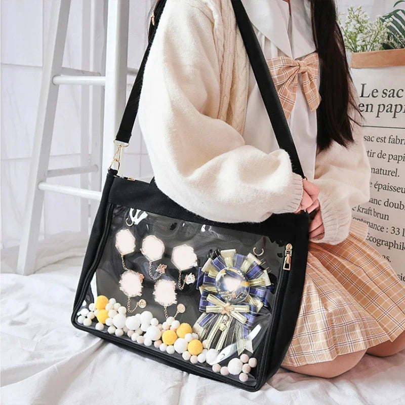 Black Big Ita Bag with clear insert, double straps, and kawaii Japanese style, transparent shoulder purse for women and girls.