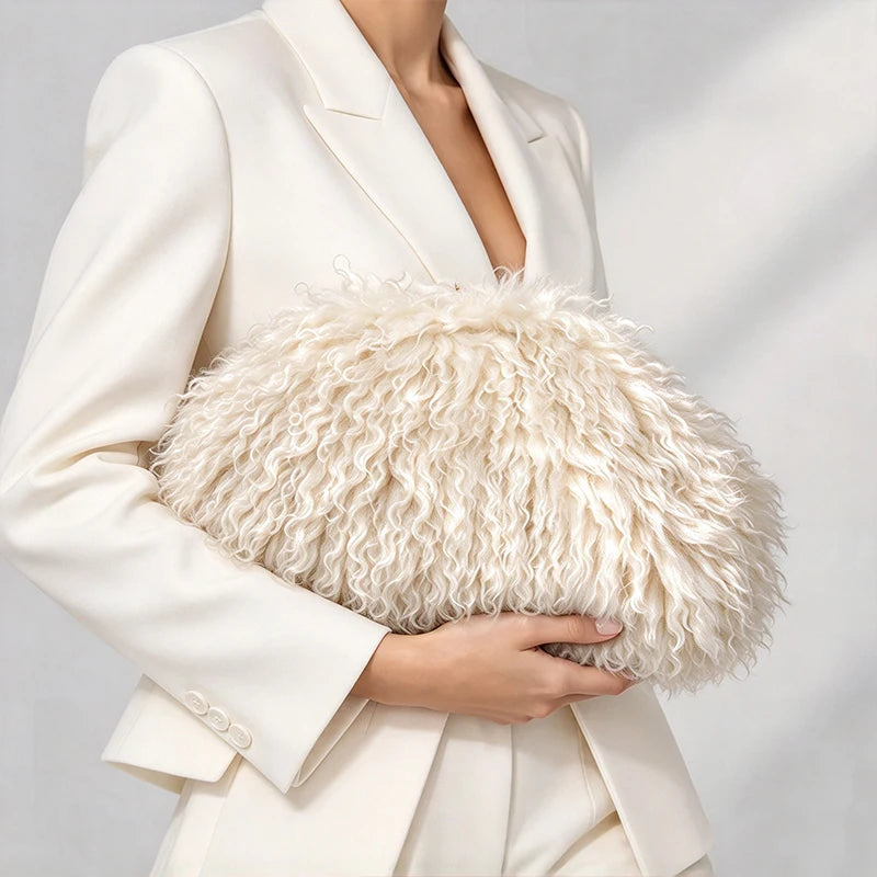 Women’s faux fur clutch handbag with kisslock clasp, large capacity winter fuzzy purse for parties, by HSF Marketplace.