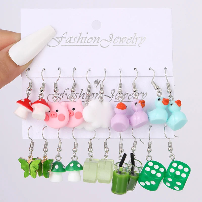 Cute cartoon duck dangle earrings set by HSF, colorful jewelry for trendy girls