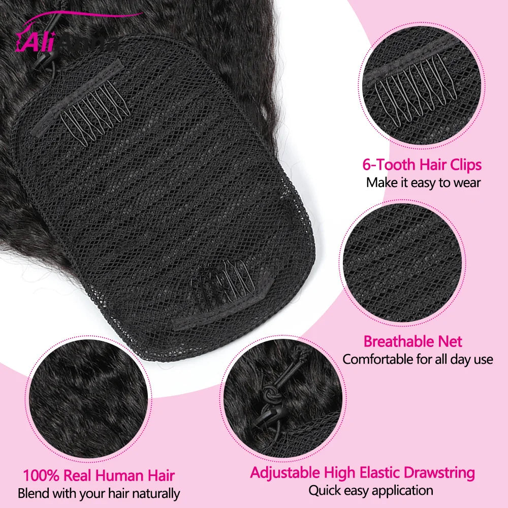 HSF Marketplace kinky straight body wave human hair drawstring ponytail extension with clip-in curly texture