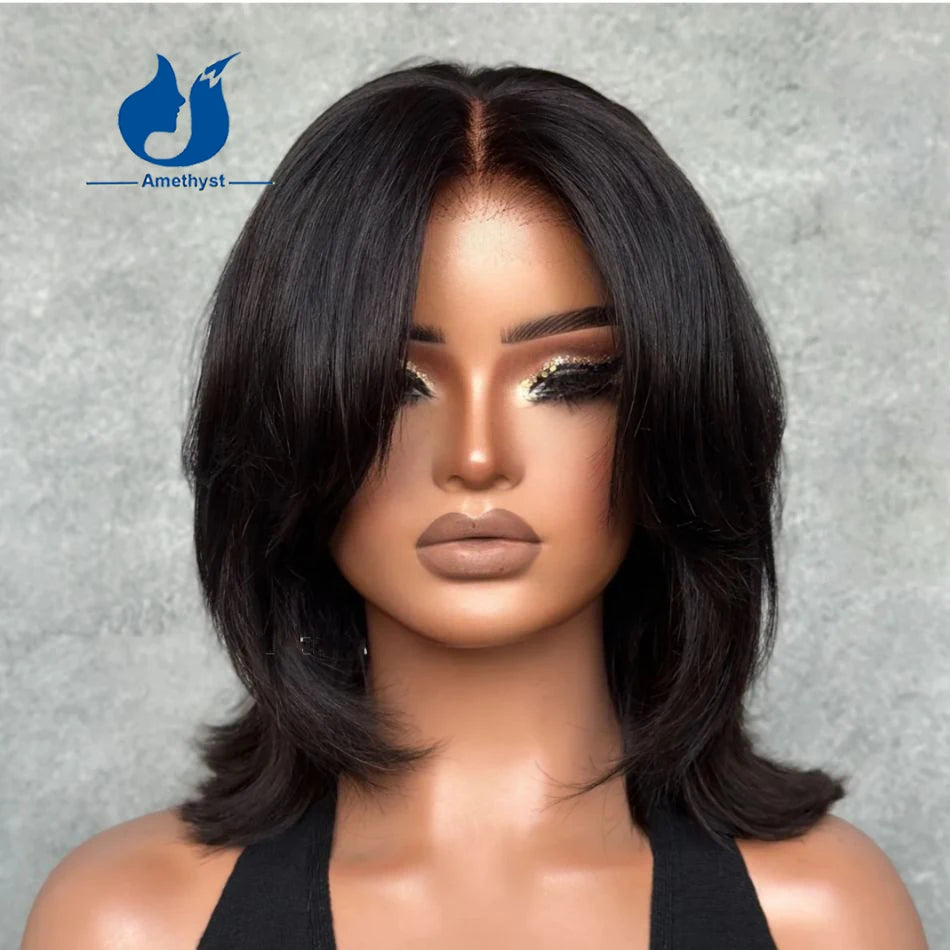 Amethyst Face Framing Layered Bob Wig 13x6 Lace Front Human Hair Wig for Women Brazilian Remy with Sleek Swoop Bangs Middle Part