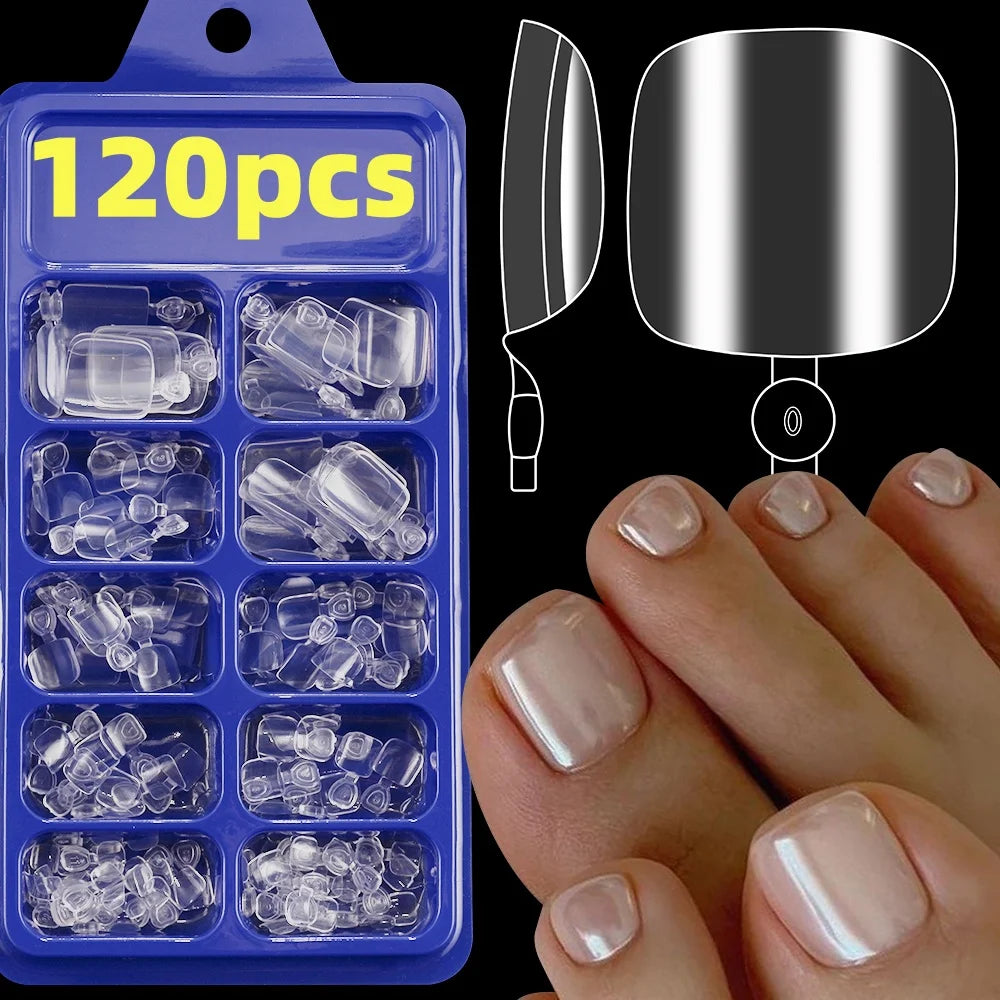 120-piece pink French tip press-on toenails, square short false toe nail set with glossy finish by HSF Marketplace