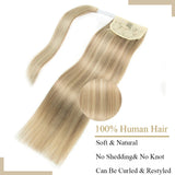 Ponytail human hair clip-in extension wrap-around hairpiece in natural black, brown, or blonde hues