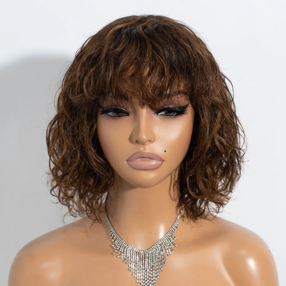Short curly human hair wig by HSF Marketplace featuring a cute bob style, water wave texture, glueless design, Brazilian Remy hair.