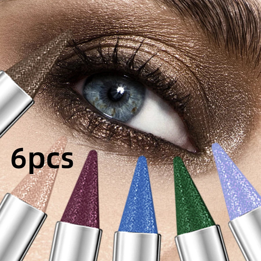 6-piece metallic brown and blue waterproof glitter eyeshadow pen set with pearly smoky black shades
