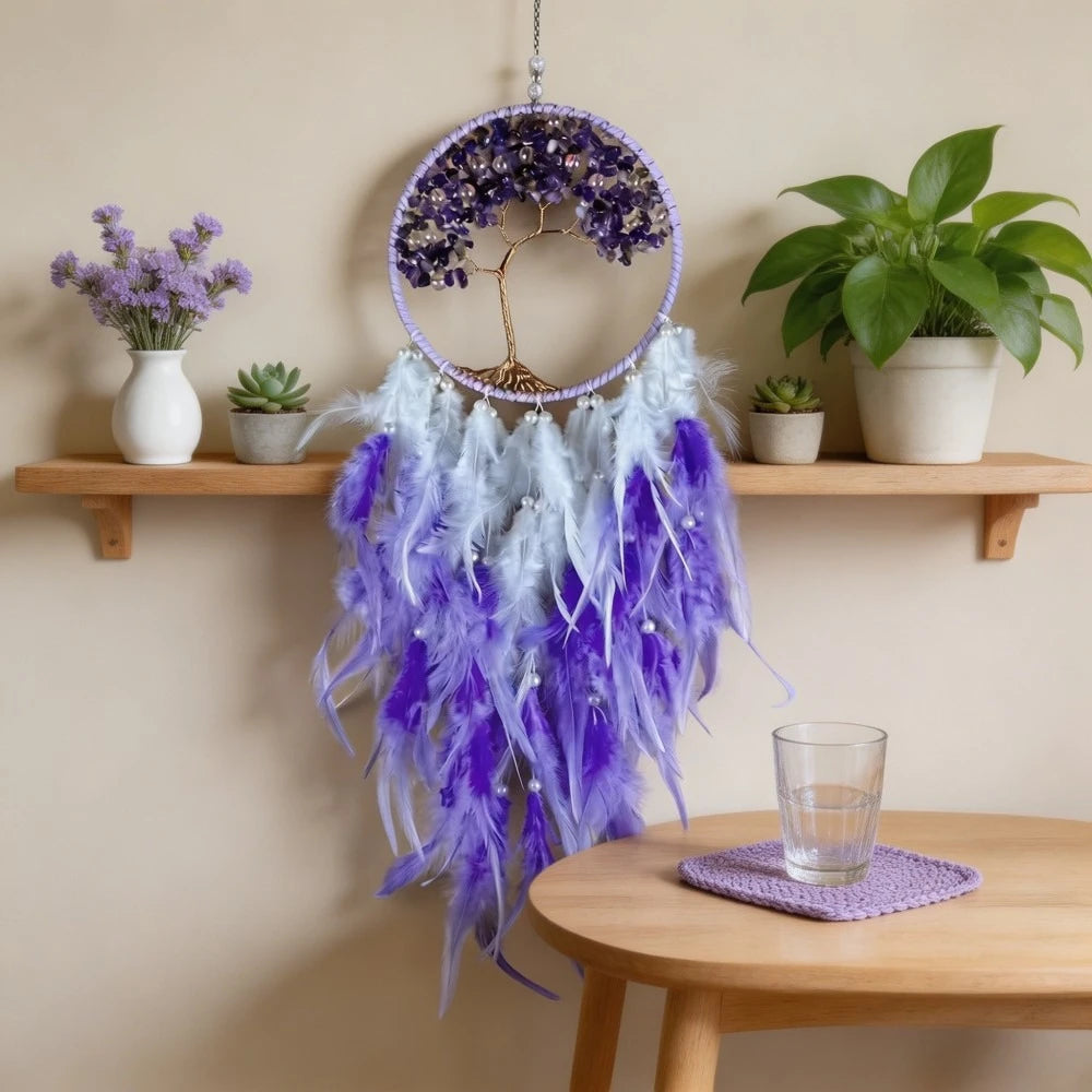 1 Pc Crystal Tree of Life Dreamcatcher, Purple Amethyst & Blue White Feather Wall Hanging, Bohemian Home Decoration for Wedding