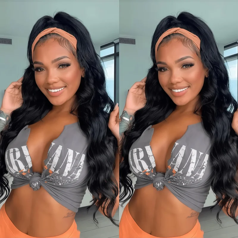 40-inch body wave Remy human hair headband wig with 200% density, natural fluffy texture and full machine-made construction
