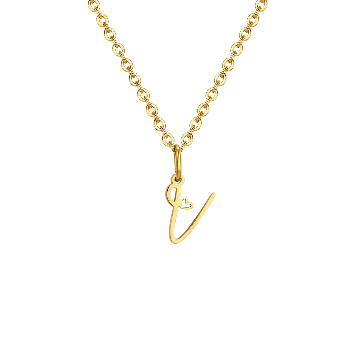 Gold plated heart initial necklace for women with A-Z letter pendant, waterproof stainless steel monogram jewelry.