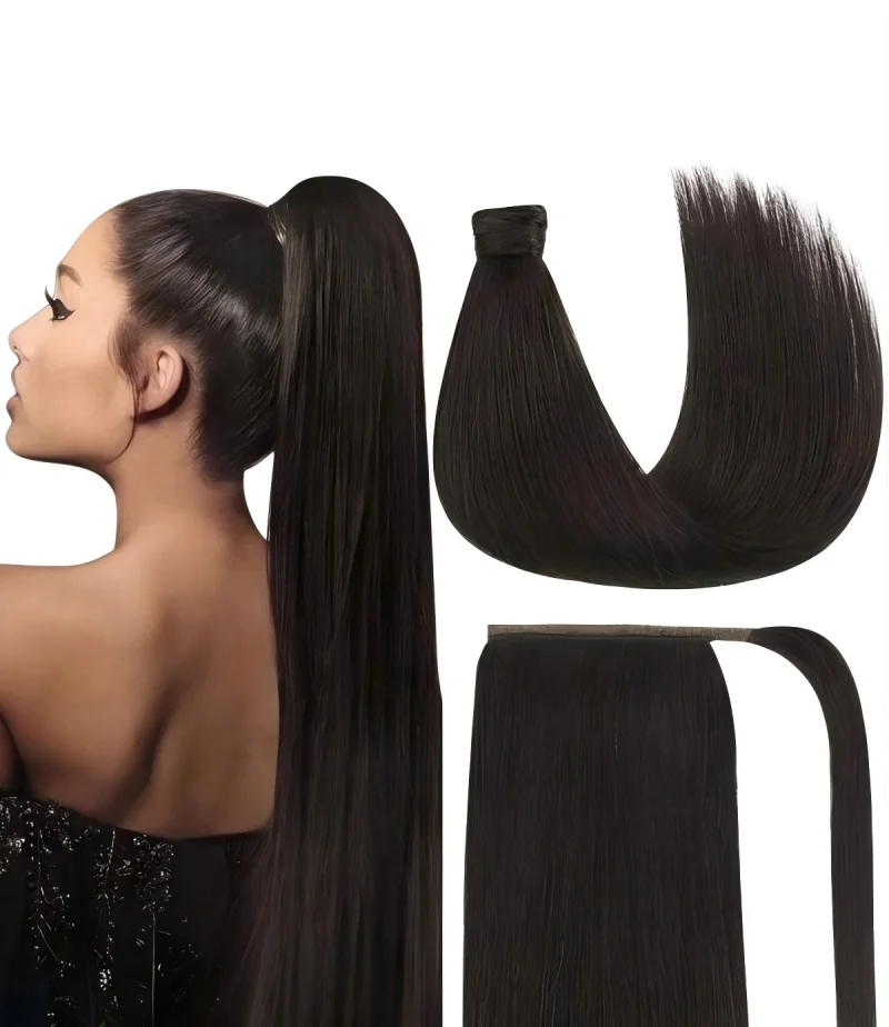 Drawstring Ponytail Extensions Human Hair for Women Long Straight  Natural Black Wrap Around Clip in Ponytail Hair Extension