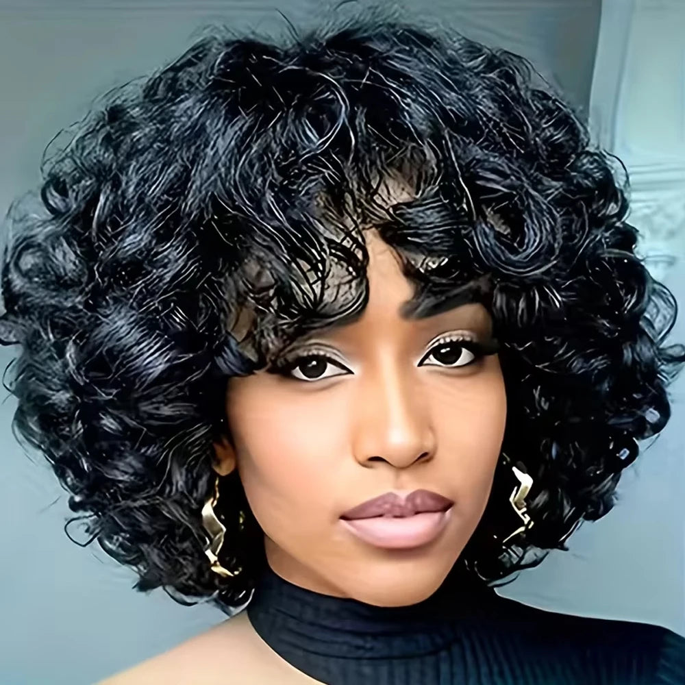 Short curly bob human hair wig with bangs, glueless machine-made afro wig for women